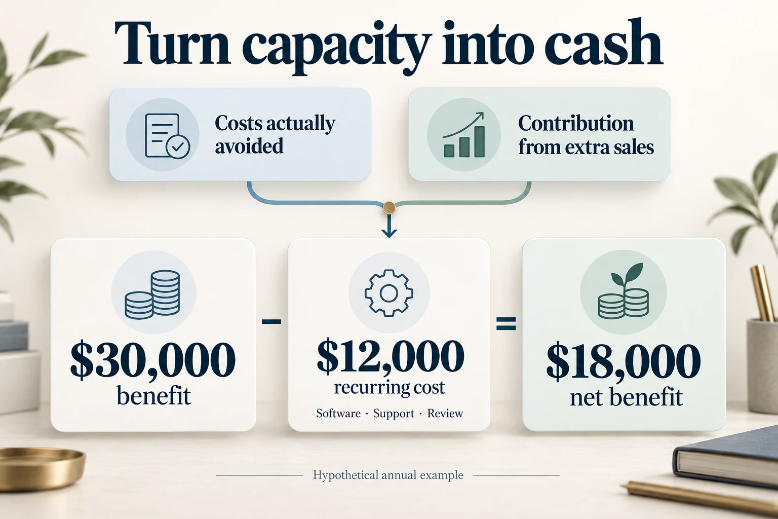 Hypothetical annual AI benefit of $30,000 minus $12,000 recurring software, support, and review costs leaves $18,000 net benefit.
