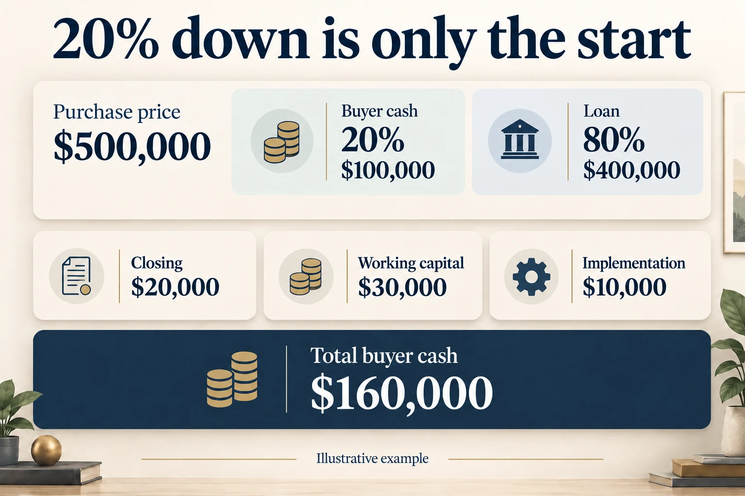Hypothetical $500,000 purchase: $100,000 buyer cash and $400,000 loan, plus $20,000 closing, $30,000 working capital, and $10,000 implementation; total buyer cash $160,000.