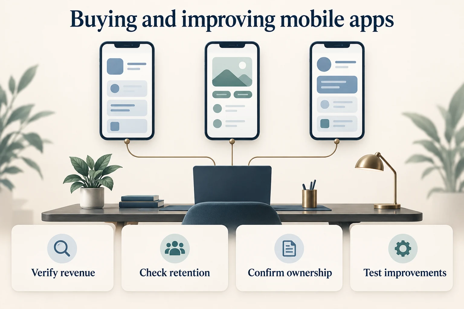 Three apps share operating capabilities, with checks for revenue, retention, ownership, and tested improvements.
