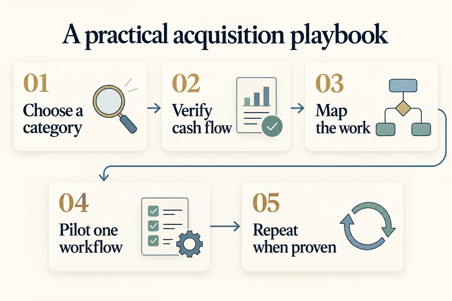 Five steps: choose a category, verify cash flow, map the work, pilot one workflow, and repeat when proven.