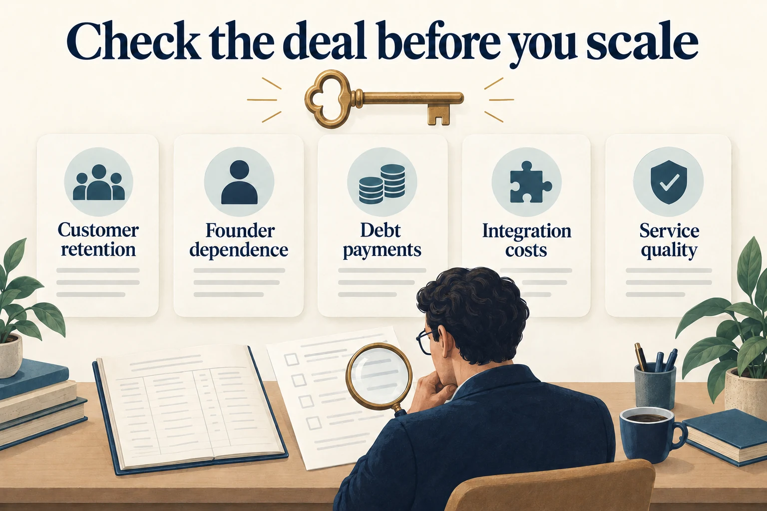 Pre-acquisition checks cover customer retention, founder dependence, debt payments, integration costs, and service quality.