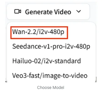 WaveSpeed image-to-video model picker with several model options