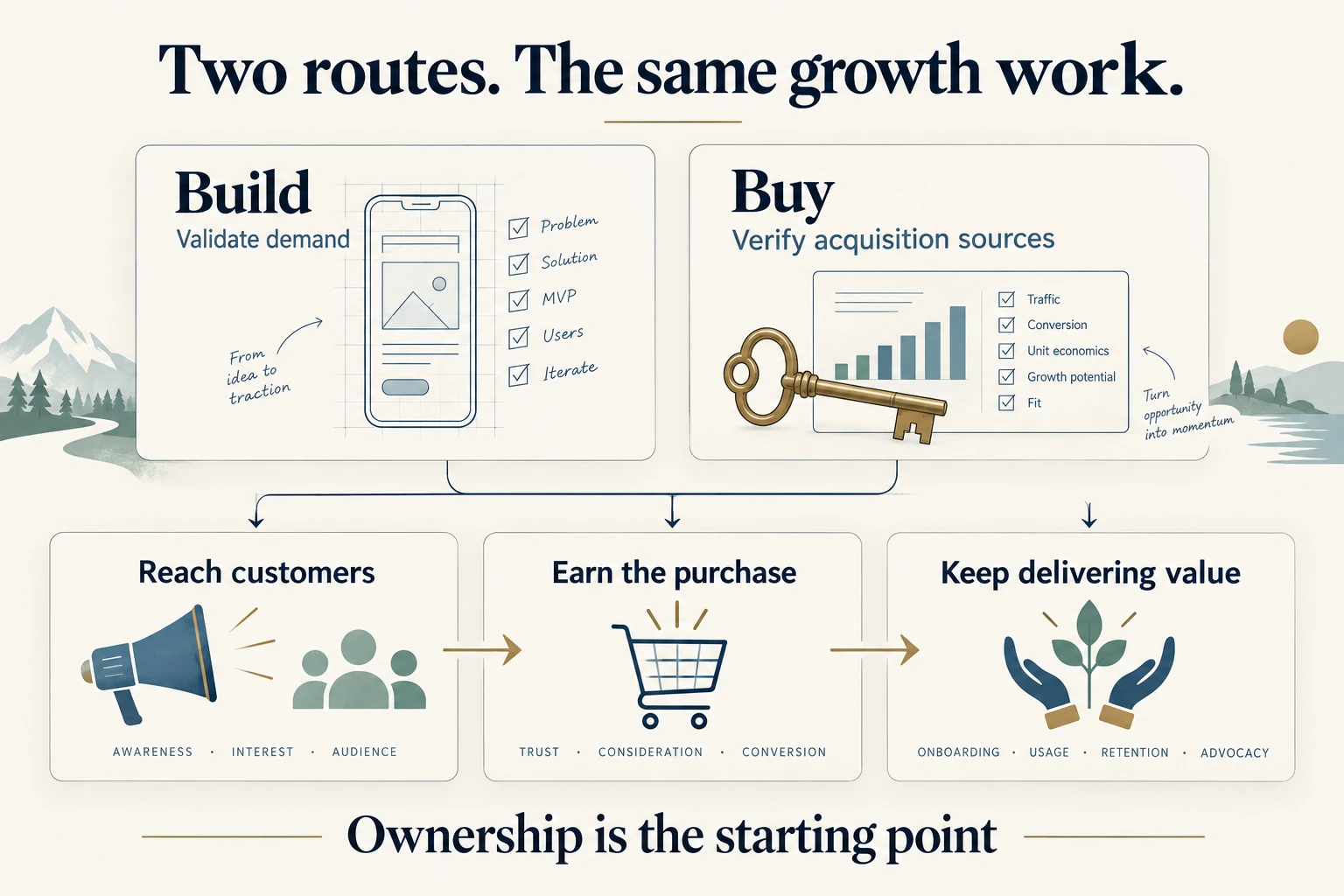 Building calls for validating demand; buying calls for verifying acquisition sources. Both lead to reaching customers, earning a purchase, and continuing to deliver value.