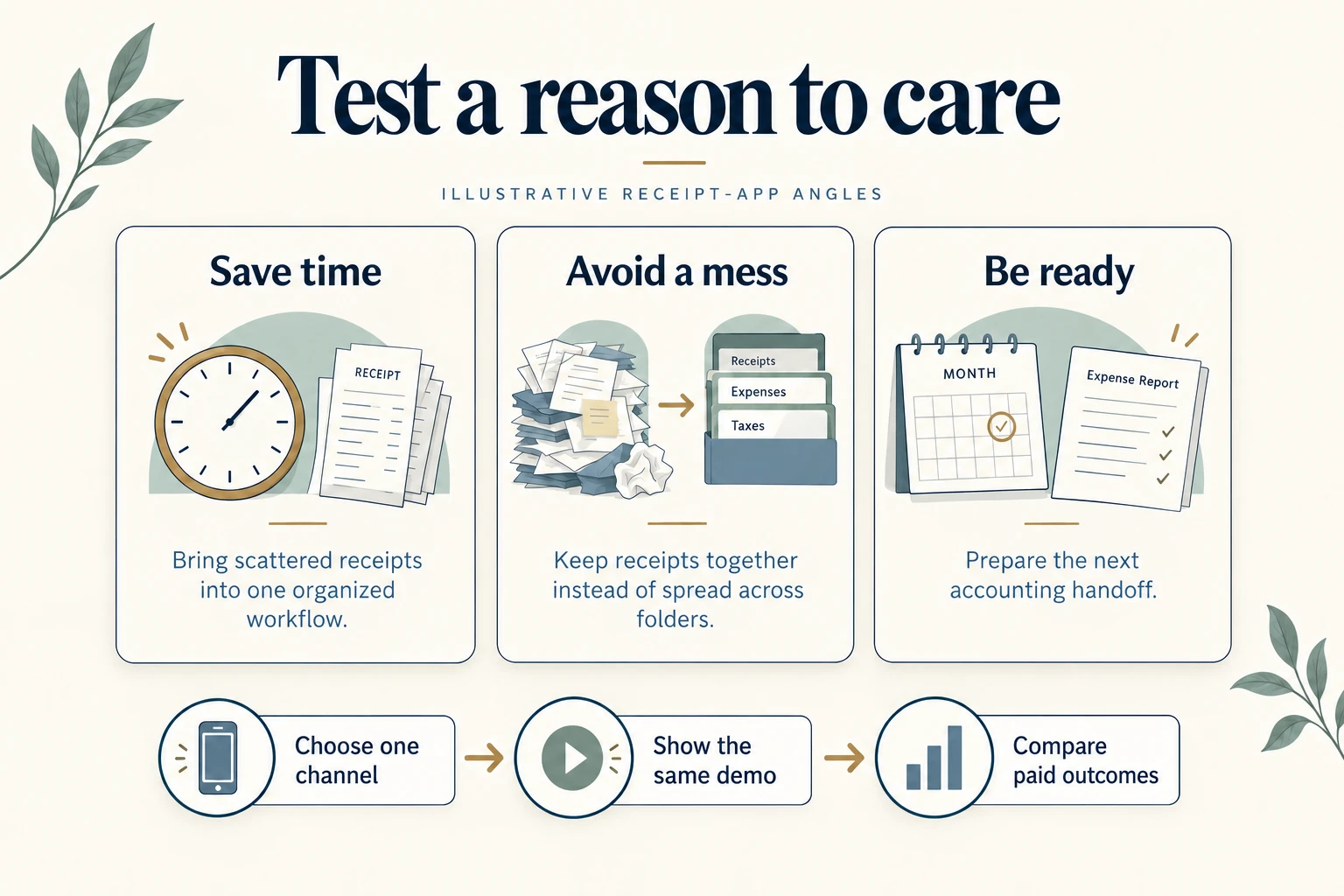 Three illustrative receipt-app messages—save time, avoid a mess, and be ready—feed a test in one channel, using the same demo and comparing paid outcomes.