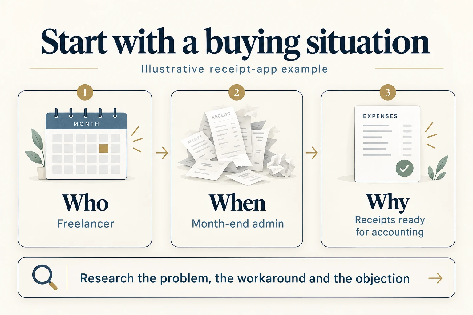 Illustrative receipt-app customer profile: a freelancer facing month-end administration wants receipts ready for accounting. Research the problem, workaround, and objection.