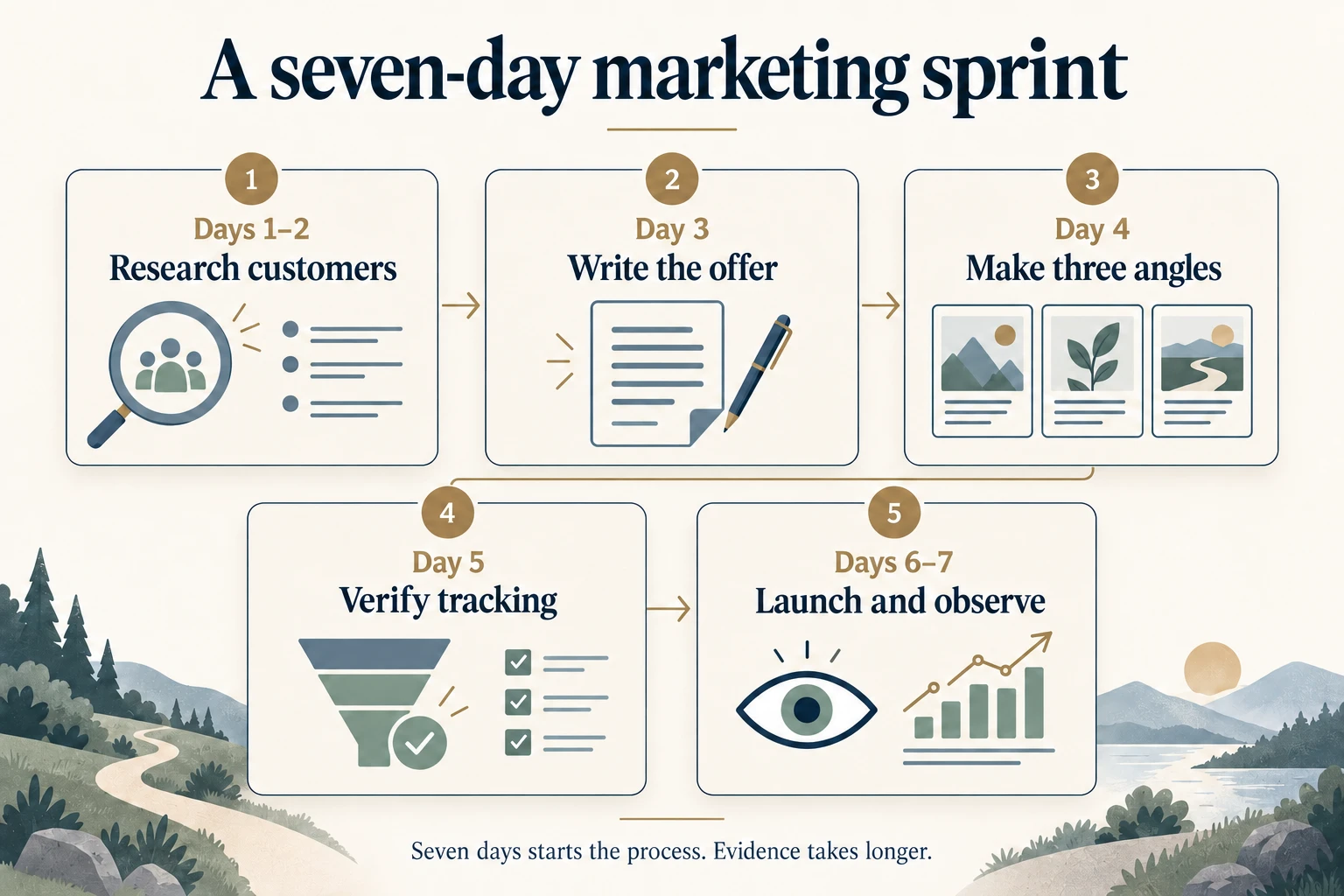 A seven-day starting sprint: research customers on days one and two, write the offer on day three, make three angles on day four, verify tracking on day five, then launch and observe on days six and seven. Evidence takes longer than a week.
