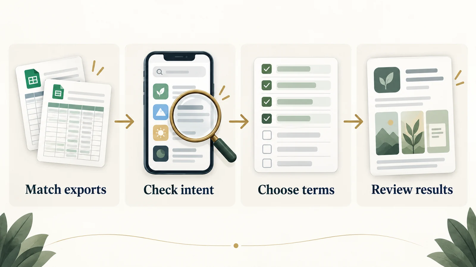 An ASO audit moves from matching exports to checking intent, choosing terms, and reviewing results.