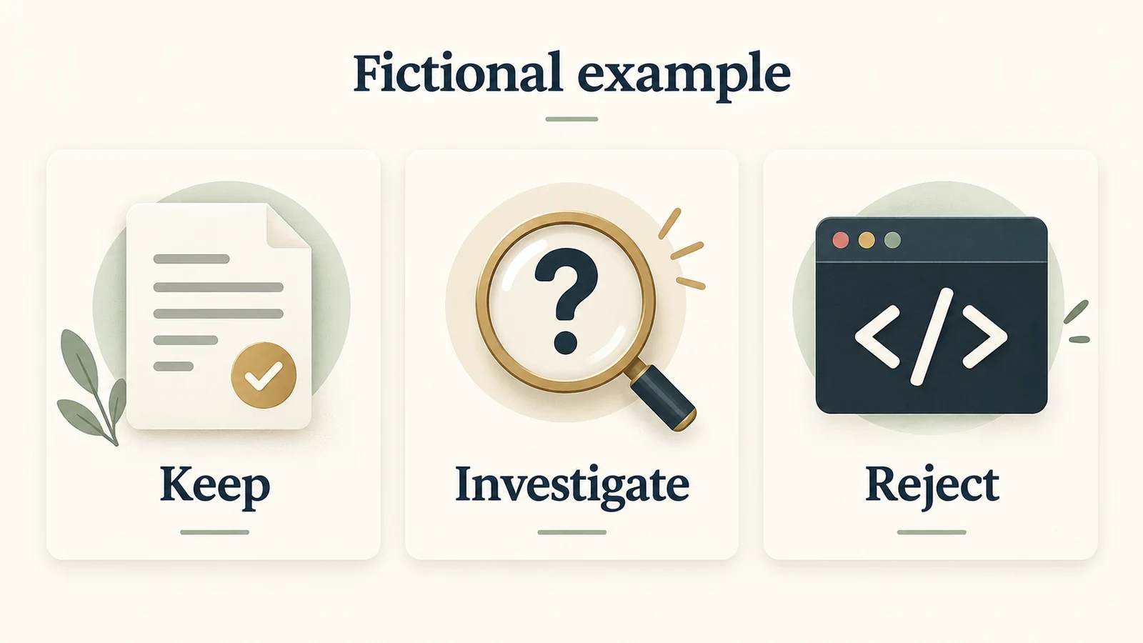 A fictional audit sorts an invoice task into Keep, an unresolved term into Investigate, and a programming task into Reject.