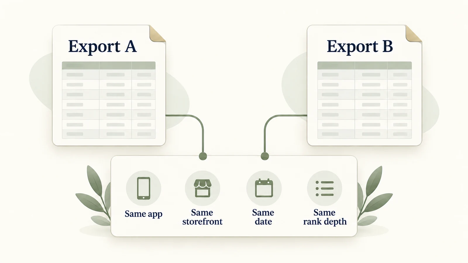 Export A and Export B share the same app, storefront, date, and rank depth before their rows are compared.