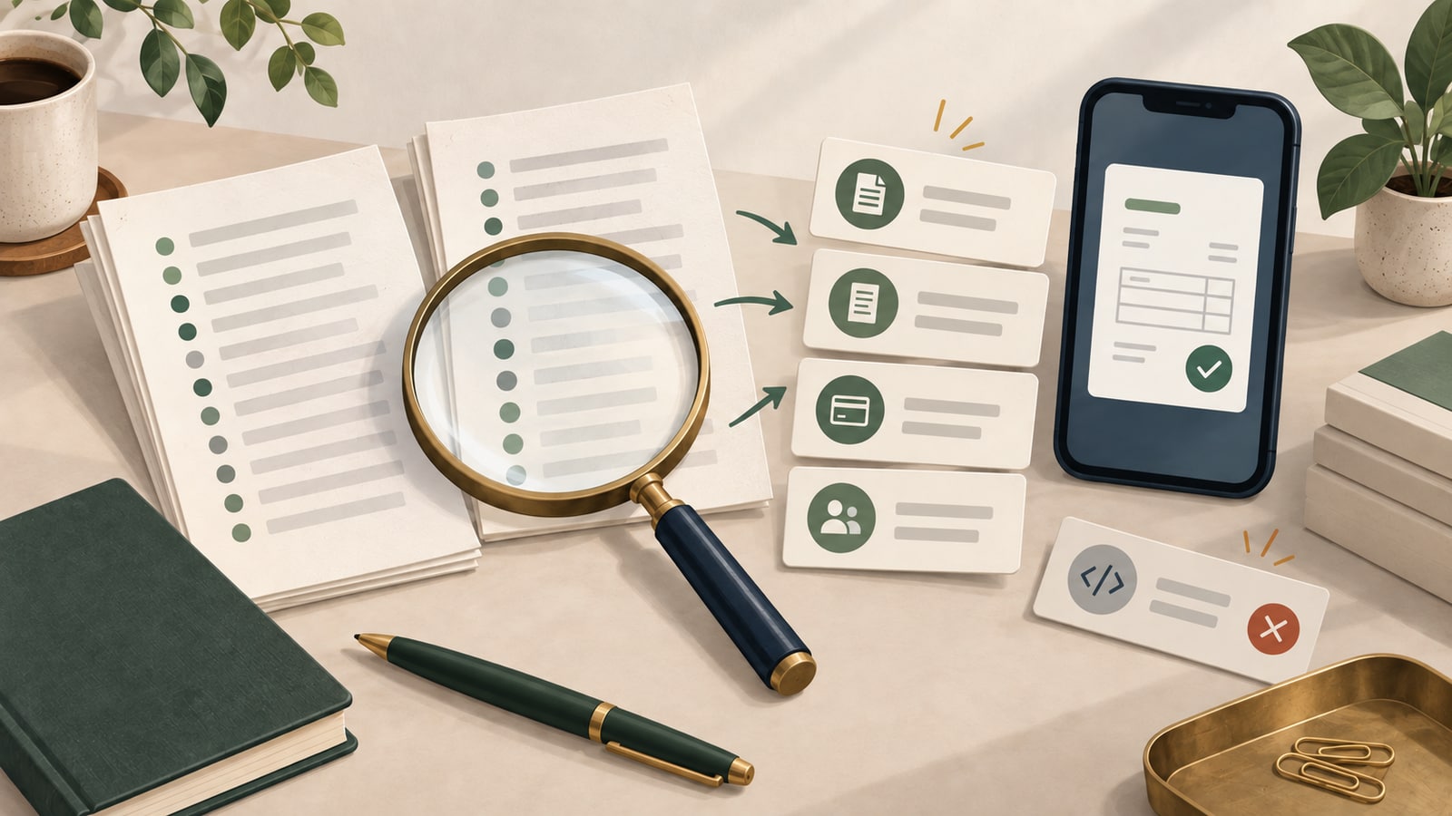 Two keyword export sheets pass through a magnifying glass into an invoicing-app shortlist, while a programming-related card is set aside.