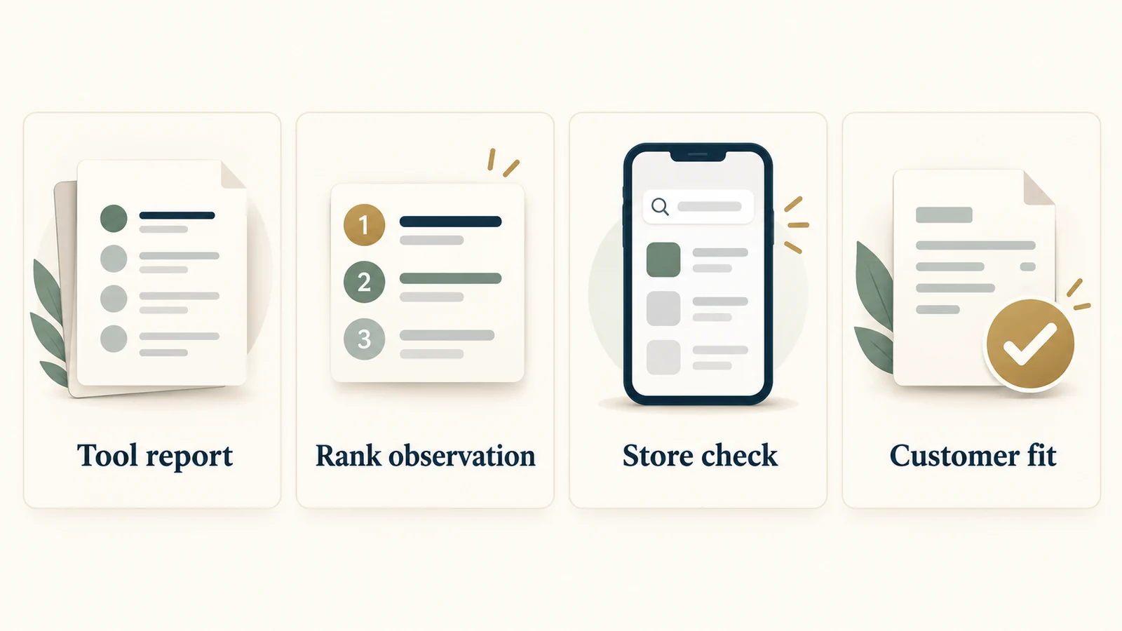 Four separate evidence cards distinguish a tool report, a rank observation, a store check, and customer fit.