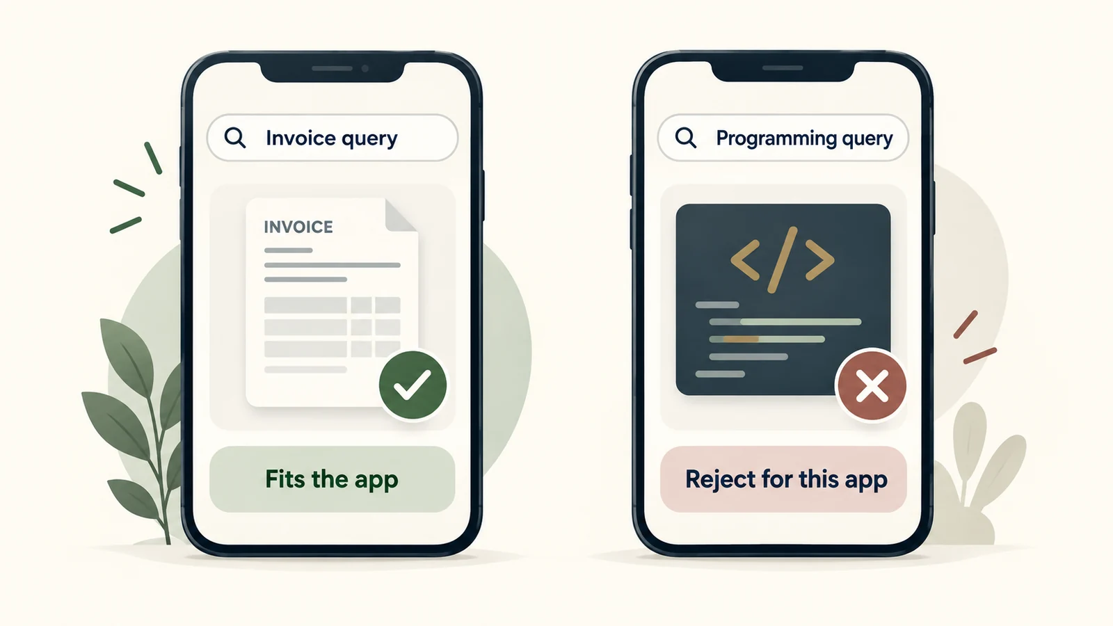 For an invoicing app, an invoice query fits the product while a programming query is rejected. The phone screens are conceptual illustrations.