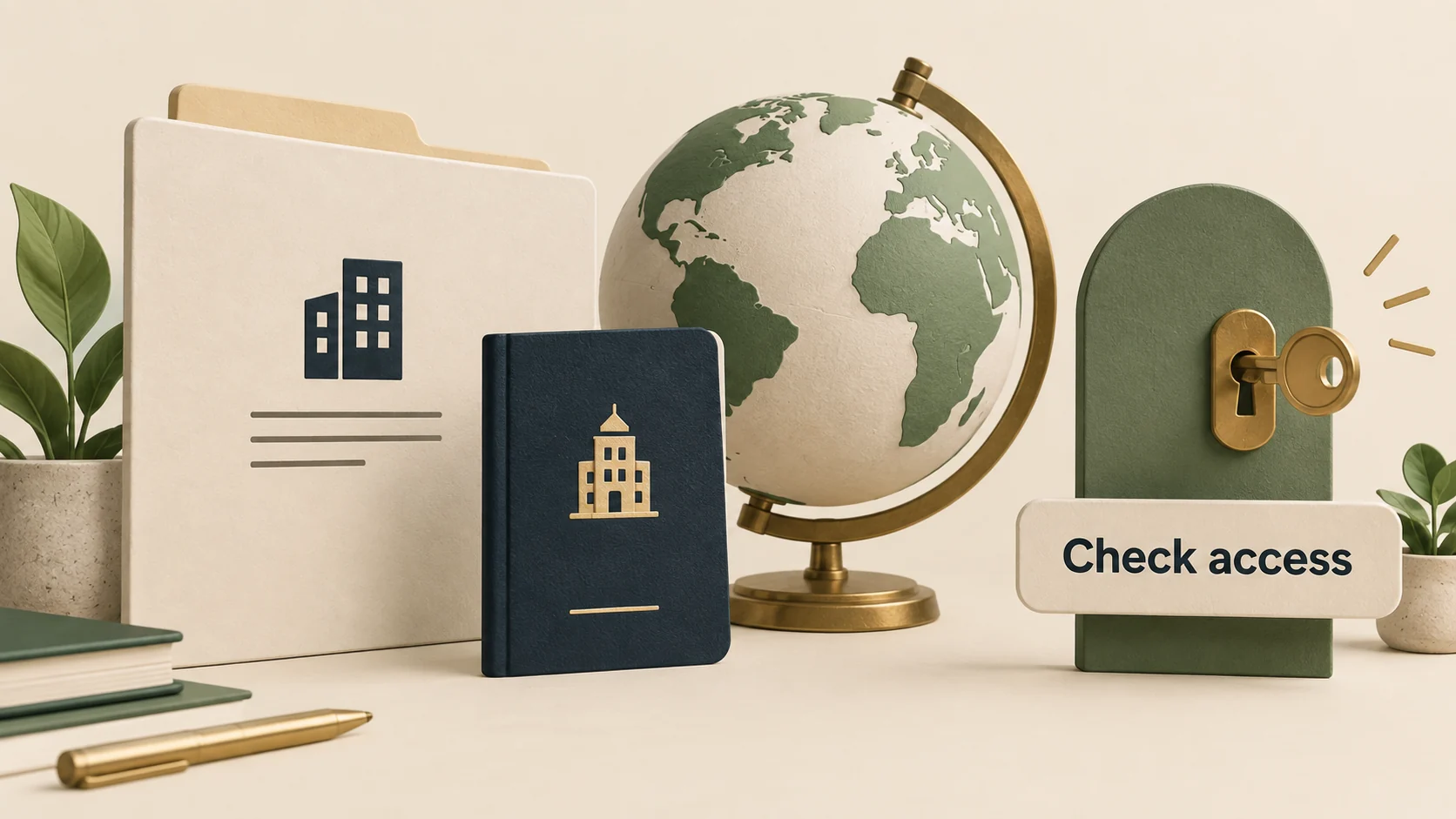 A business folder, globe and key represent checking legal-entity country and account access before advertising.