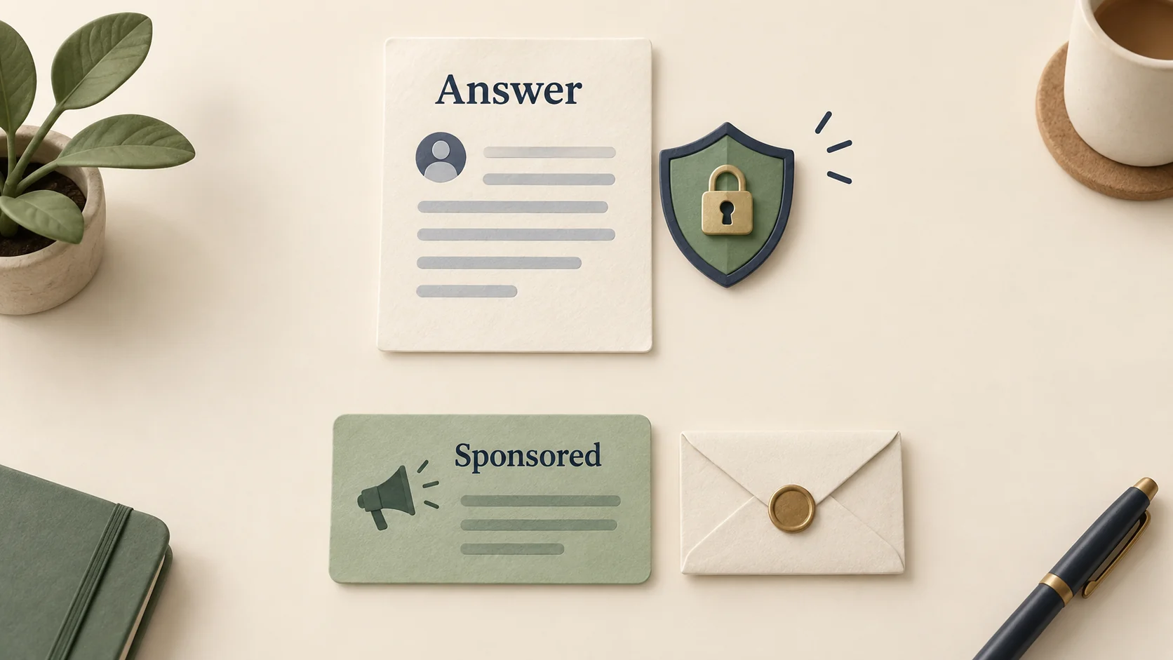 An answer sheet and a sponsored business offer remain visibly separate, with a shield and sealed envelope representing independence and privacy.