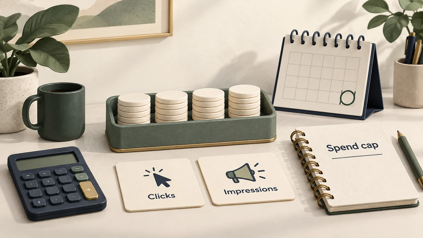 A calculator, finite budget tokens and cards for clicks and impressions represent choosing billing and a spend cap.