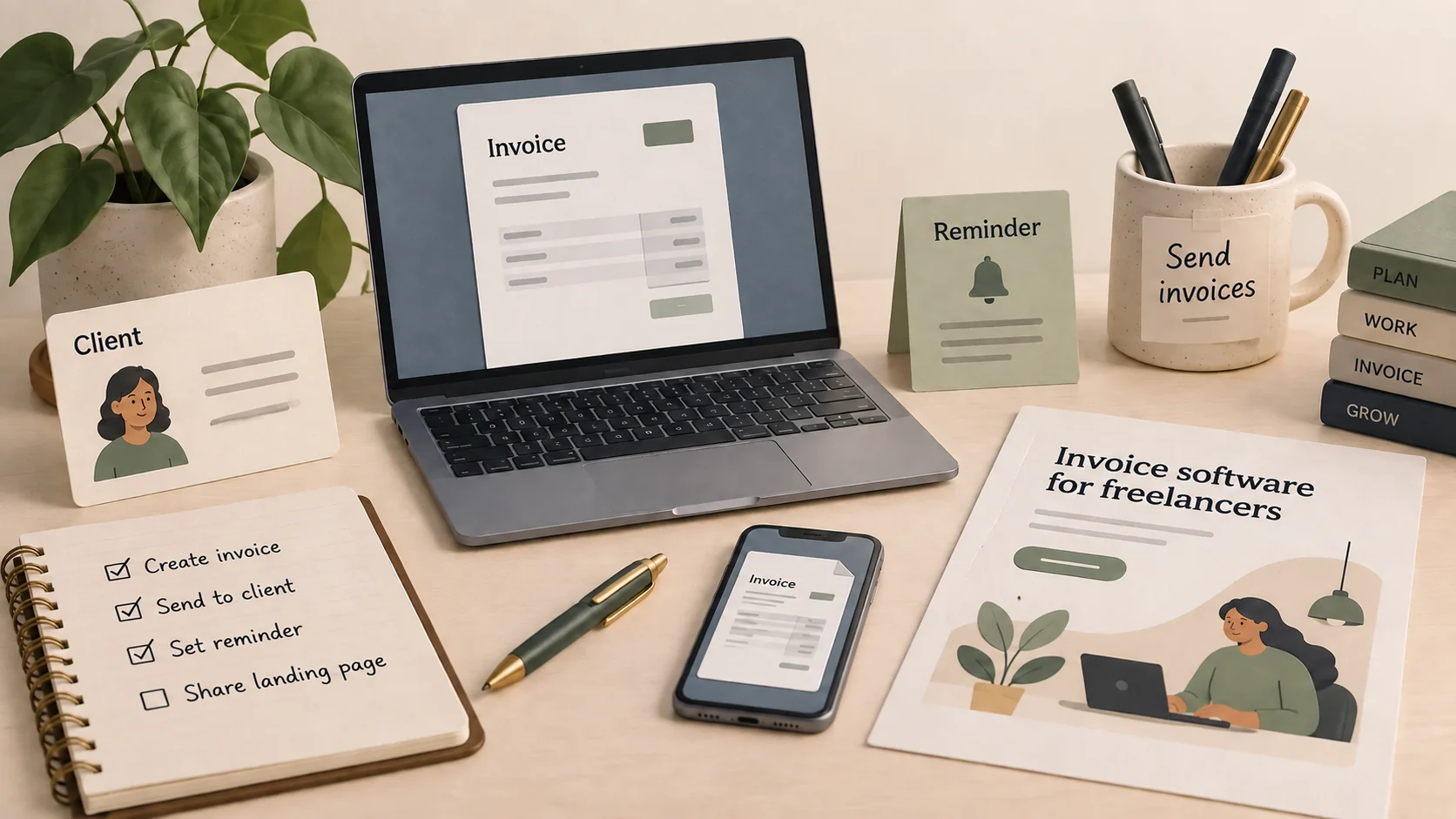 A freelancer's invoice, reminder card and matching product page illustrate one coherent customer need.
