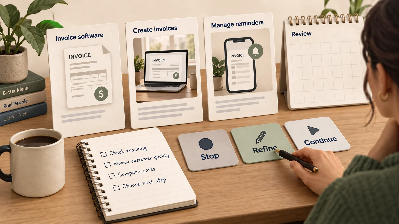 A review notebook and two ad concepts sit beside the human choices to stop, refine or continue a test.