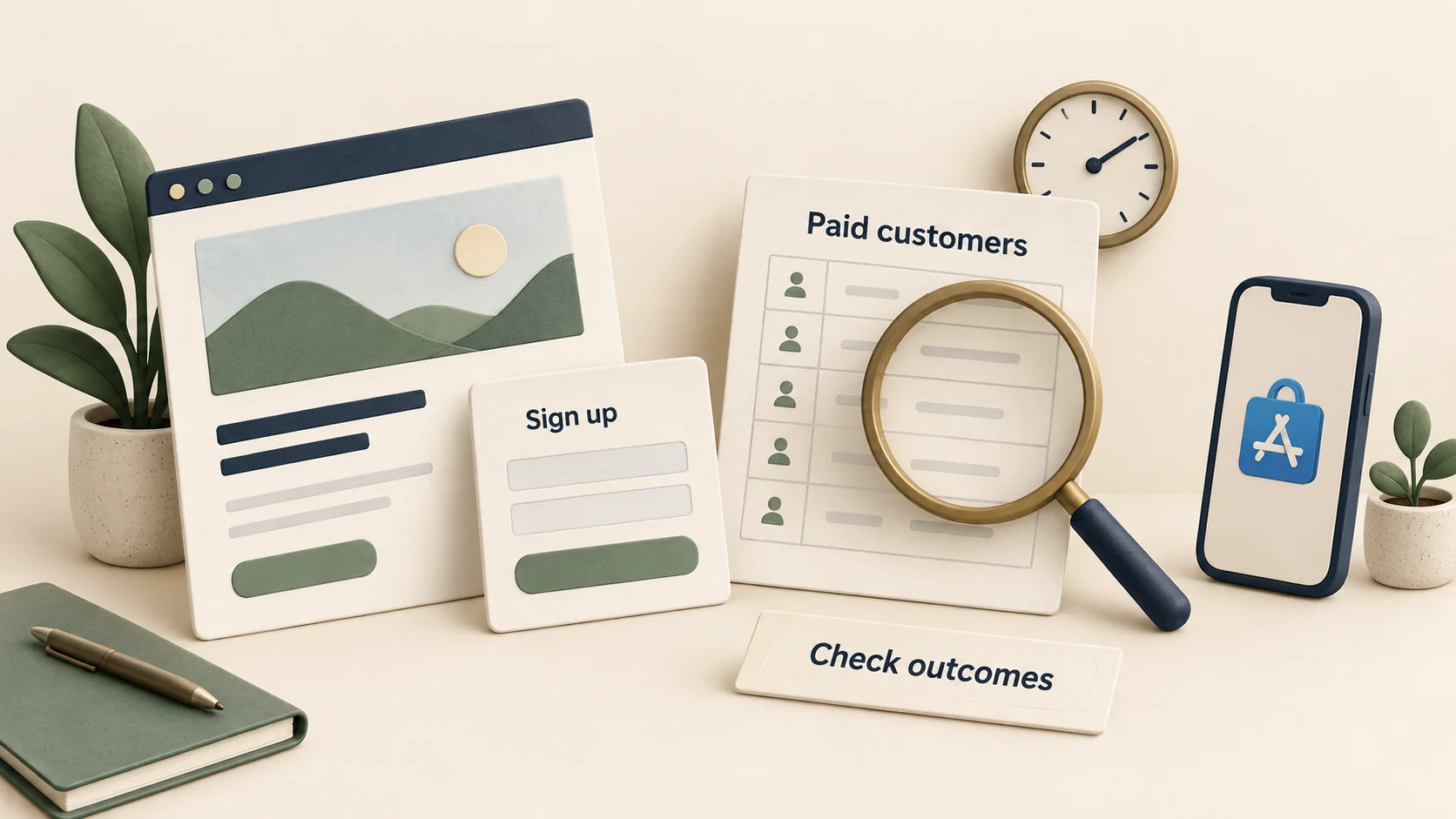 A landing page, signup card and customer ledger are reviewed separately from a phone representing an app-store visit.