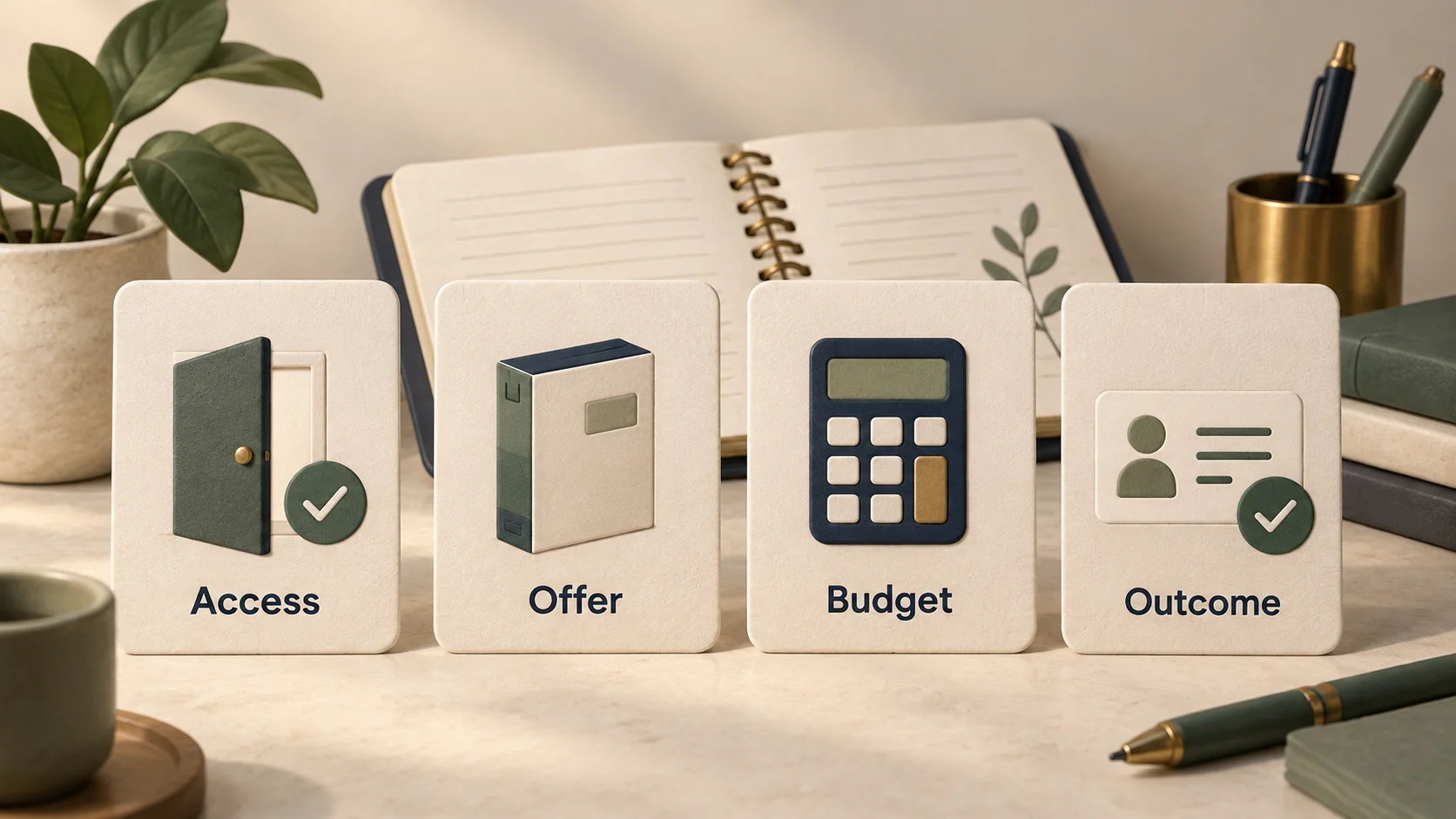 Four planning cards identify access, offer, budget and outcome as the main decisions for a first campaign.