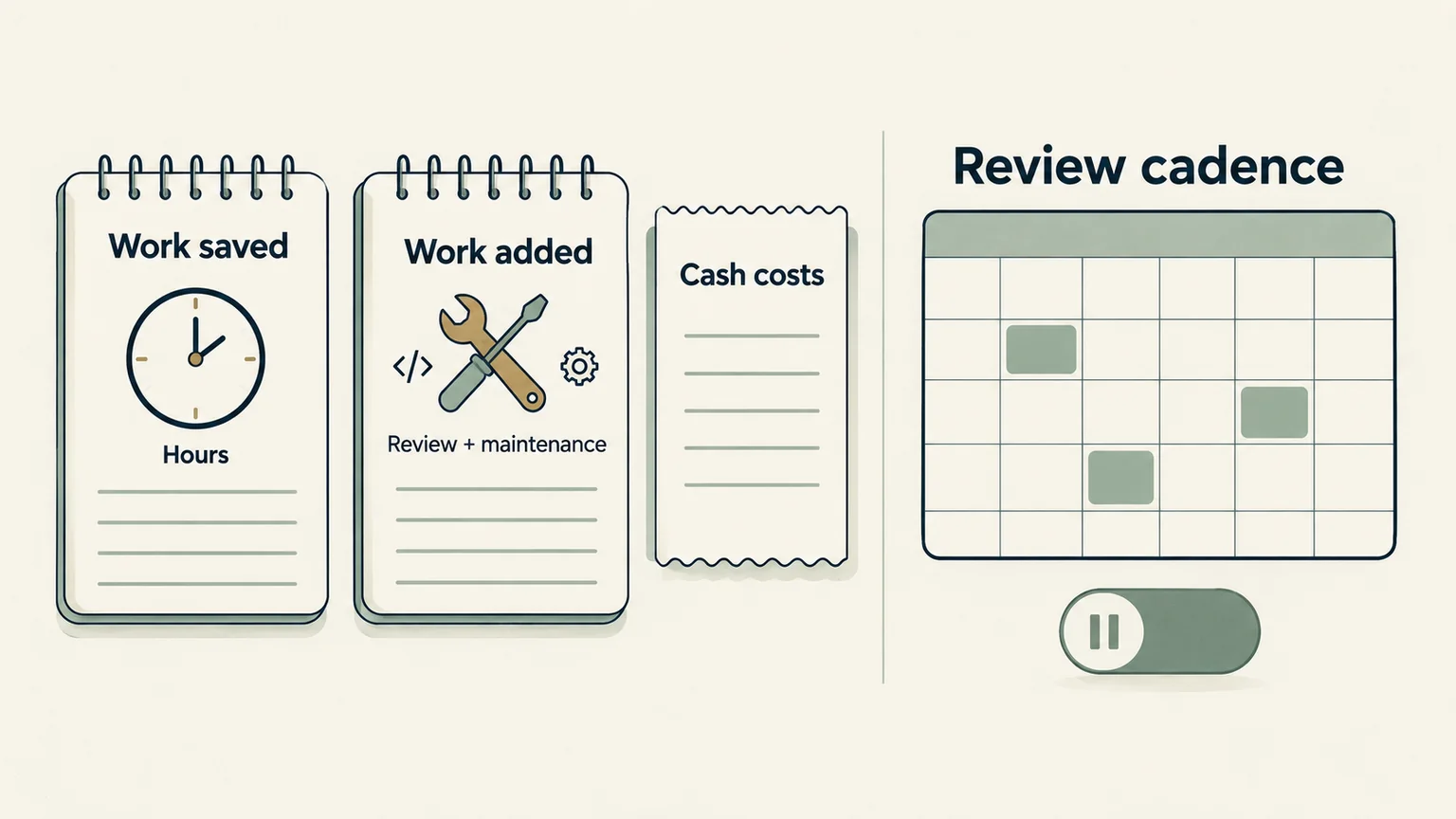 Count review, maintenance, and software costs alongside handling time, then keep a bounded cadence with a human checkpoint.