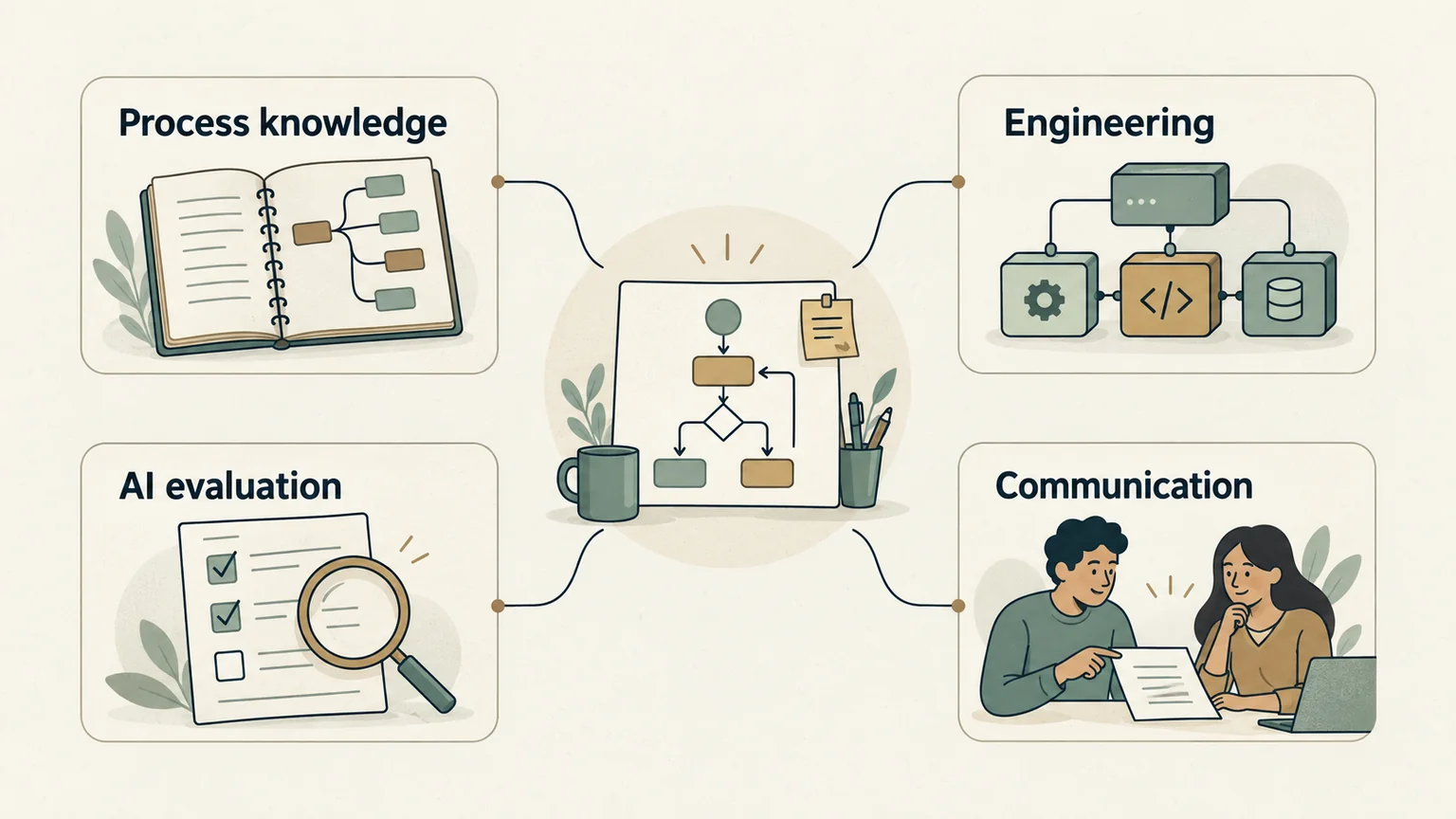 Process understanding, software integration, AI evaluation, and communication connect around one customer workflow.