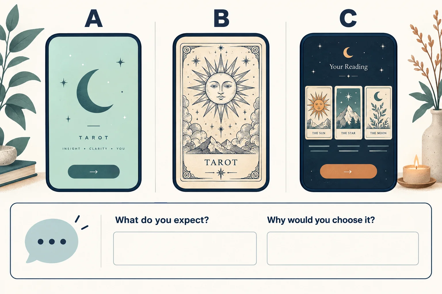 Three fictional tarot screenshot concepts shown at equal size: a modern moon design, traditional card artwork, and a reading workflow. The survey asks what users expect and why they would choose a concept.