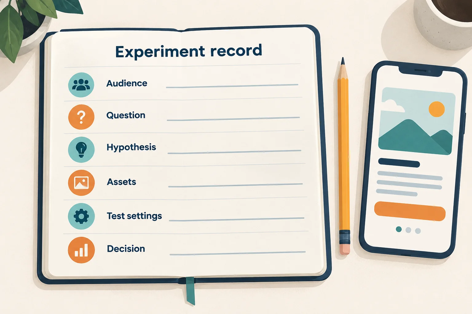 An experiment notebook records audience, question, hypothesis, assets, test settings, and decision, with blank fields to fill in.