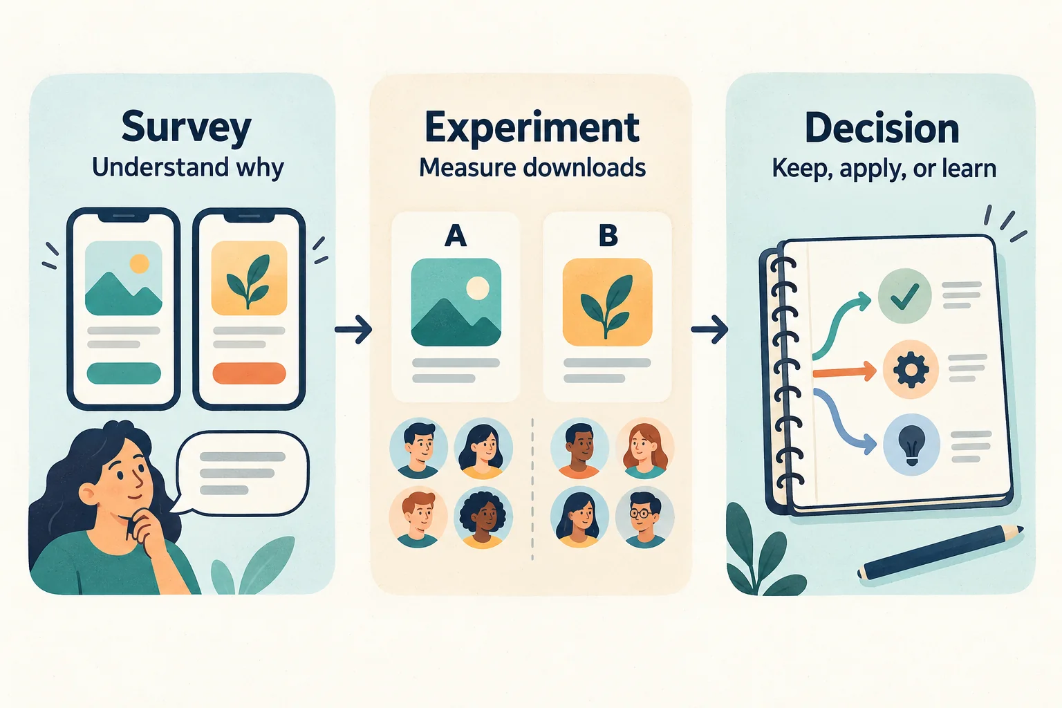 A survey helps explain why people prefer a concept; a randomized experiment measures downloads; the evidence then supports keeping the original, applying a treatment, or learning more.