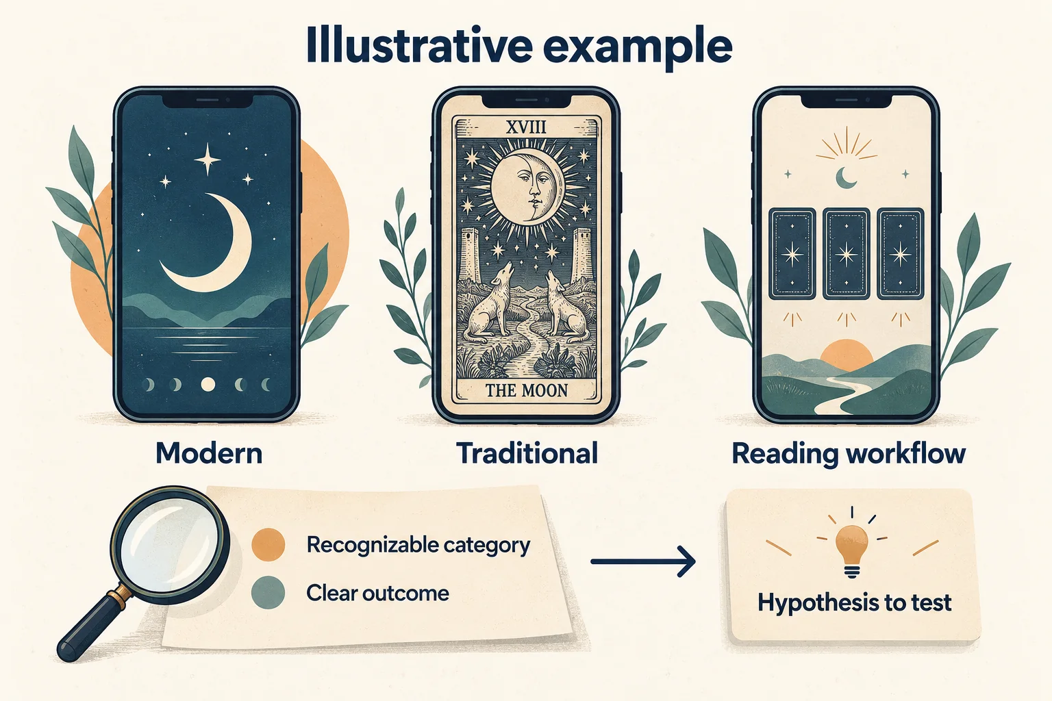 A hypothetical tarot app compares modern visuals, traditional artwork, and a reading workflow, then turns category recognition and a clear outcome into a hypothesis to test.
