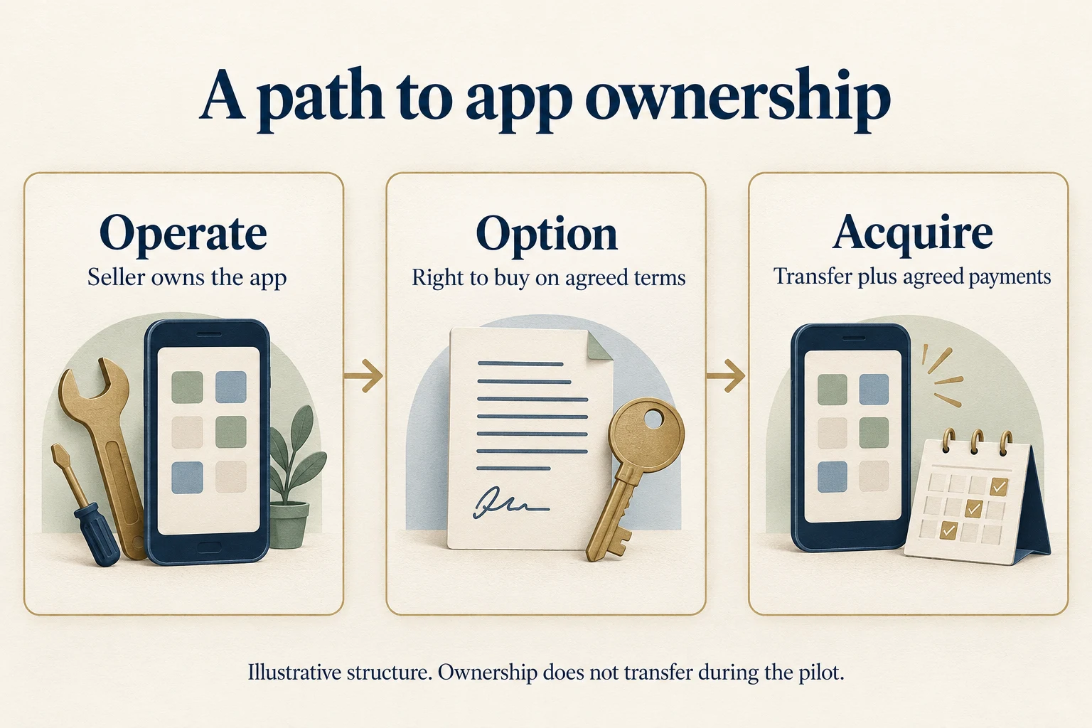 Operate while the seller owns the app, hold an agreed purchase option, then acquire through a transfer and payment arrangement.