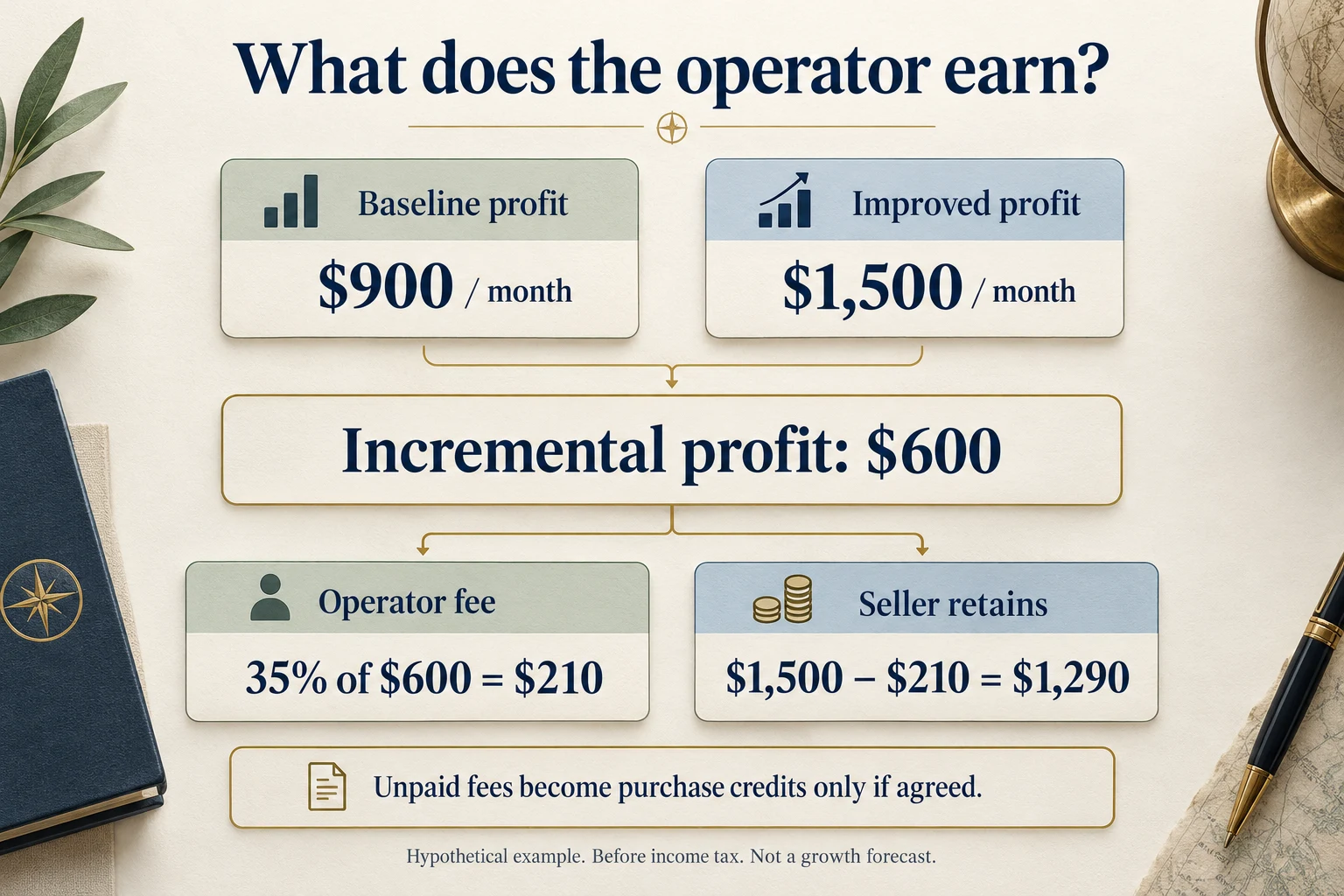 Baseline profit of $900 rises to $1,500. A 35% fee on the $600 increment pays the operator $210, leaving the seller $1,290 before income tax.