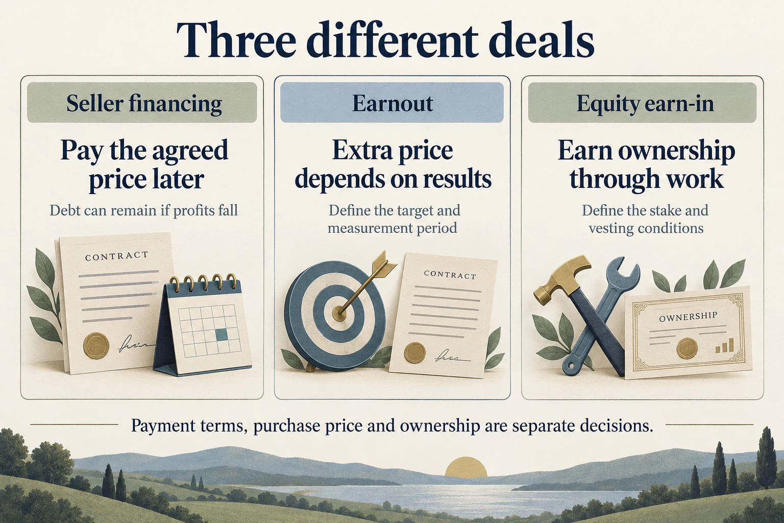 Seller financing defers an agreed price; an earnout makes extra price conditional; an equity earn-in exchanges work for ownership.
