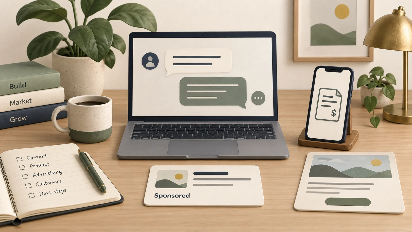 An app owner's workbench connects a conversational experience, a separate sponsored offer, an invoicing app and a landing page.
