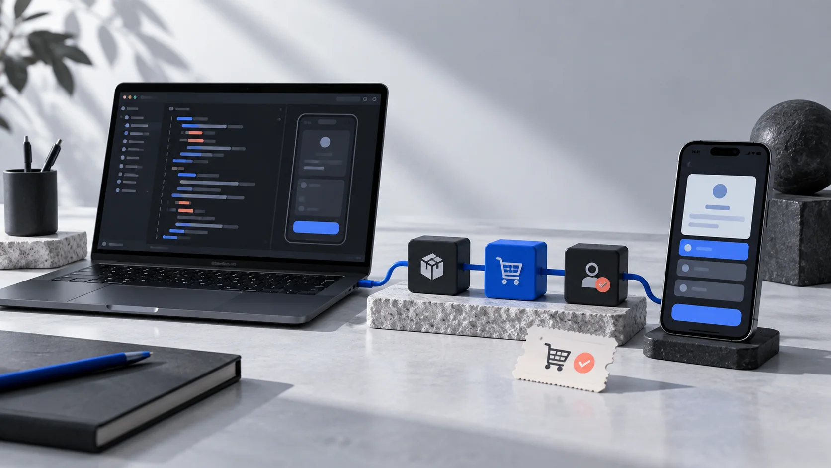 A developer workbench linking an app build, purchase, and entitlement to a test phone
