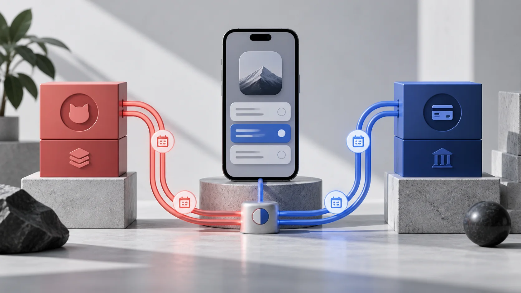 Two abstract payment rails converging on a mobile app