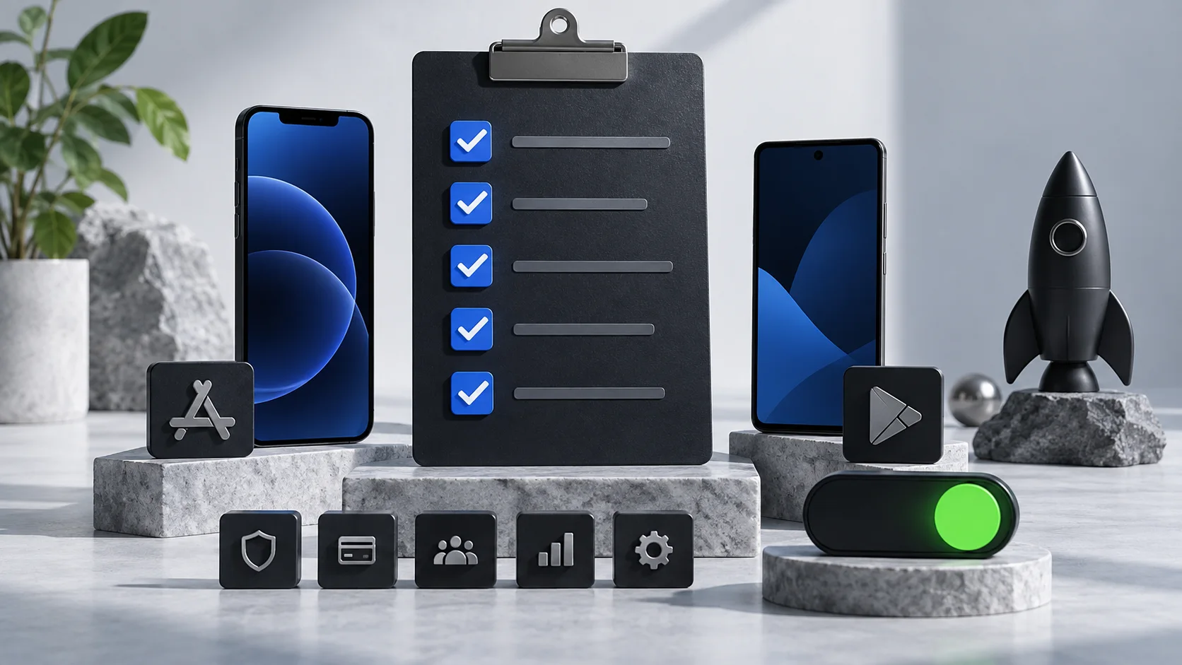 A launch checklist with two phones, verification tiles, and a green go switch